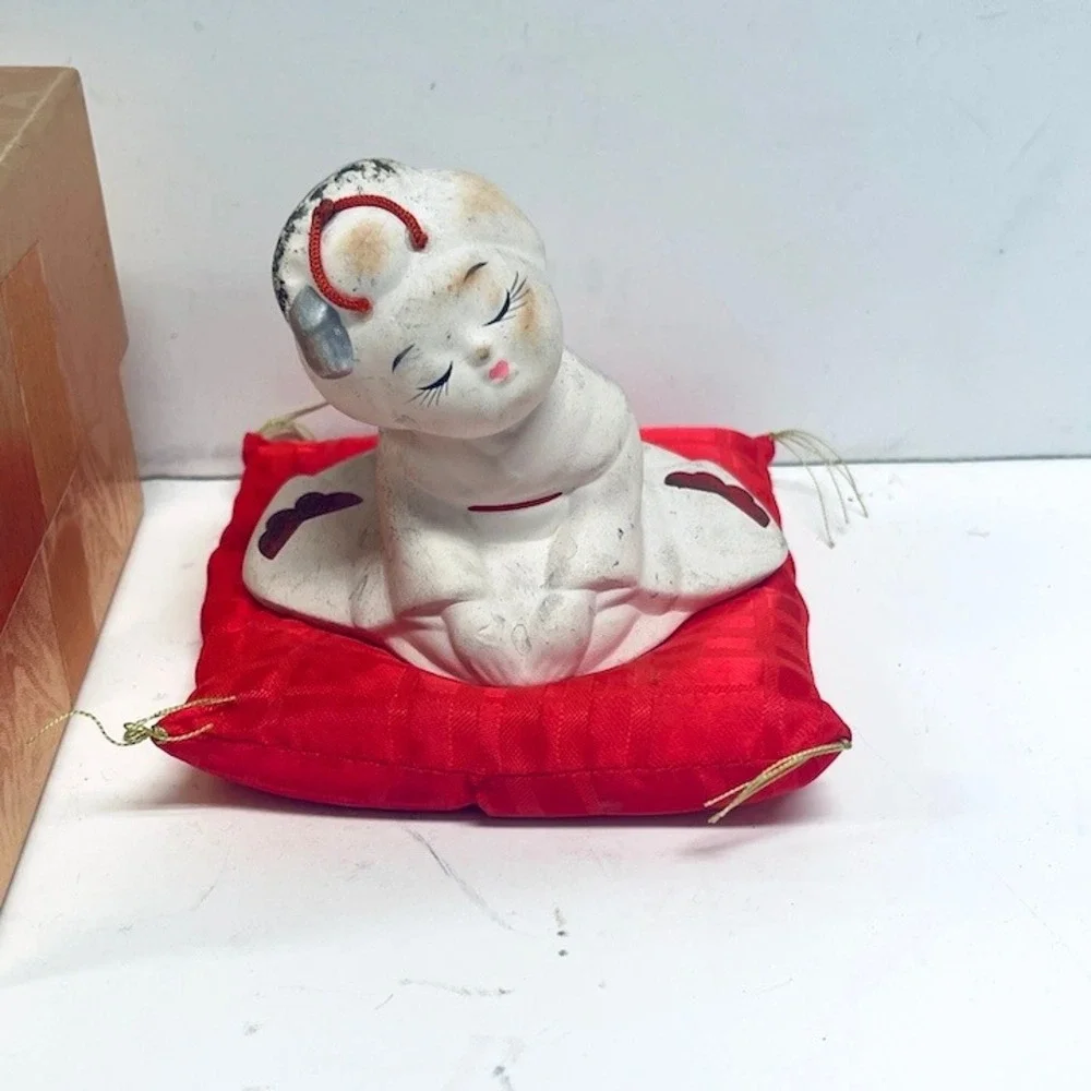 Vintage Hakata Urasaki Japanese Bisque Doll Figurine with Red Cushion and Box